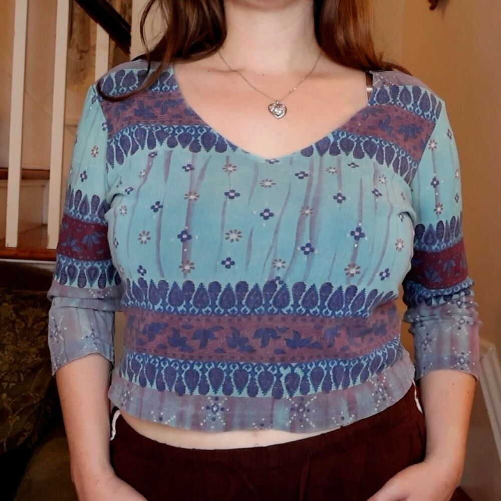 Blue Purple Geometric Mesh 3/4 Sleeve Top Medium Whimsigoth Phoebe Buffay Witchy